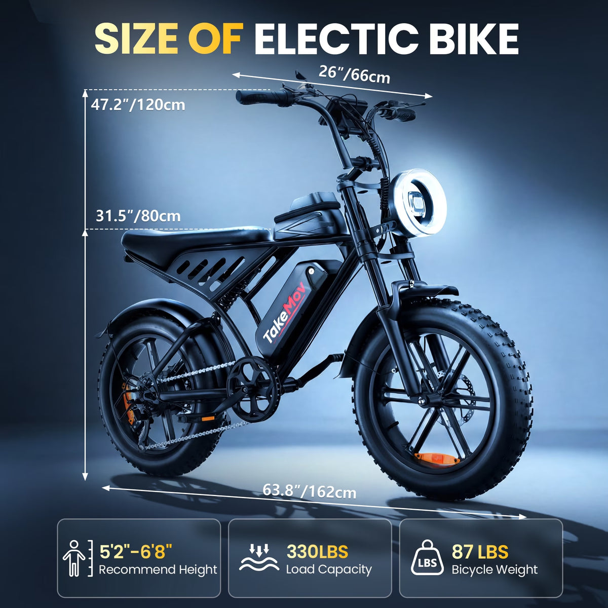 TakeMov Electric Bike for Adults, 750W Motor, 28MPH Class 3, 60 Miles, 20"x4" Fat Tire Ebike, 48V/15Ah, 7-Speed, E Mountain Bike, UL2849