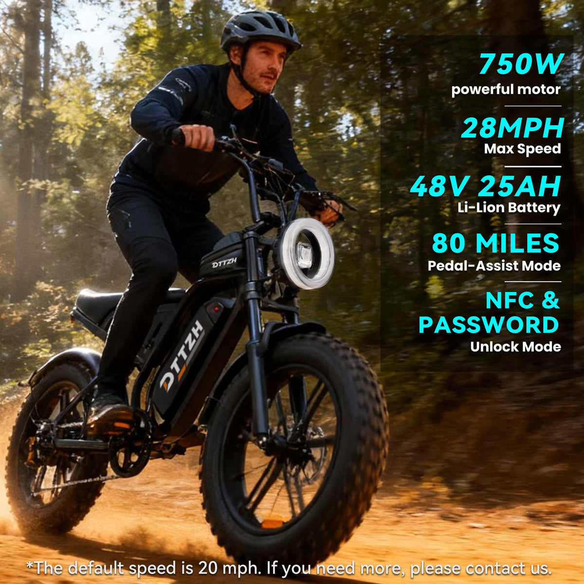 DTTZH Fast Electric Bike for Adults, 20"x4.0" Fat Tire Ebike, 750W Rate Motor, 80Miles Range, 48V 25Ah Removable Battery, Electric Mountain Bike, UL2849 (Black)