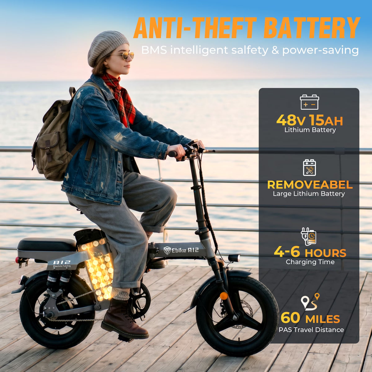 DTTZH 750W Foldable Electric Bike for Adults, 48V 15Ah, 20MPH Class 2 Electric Mini Bike, 60 Miles, 14" Folding Ebike, UL 2849 Certified