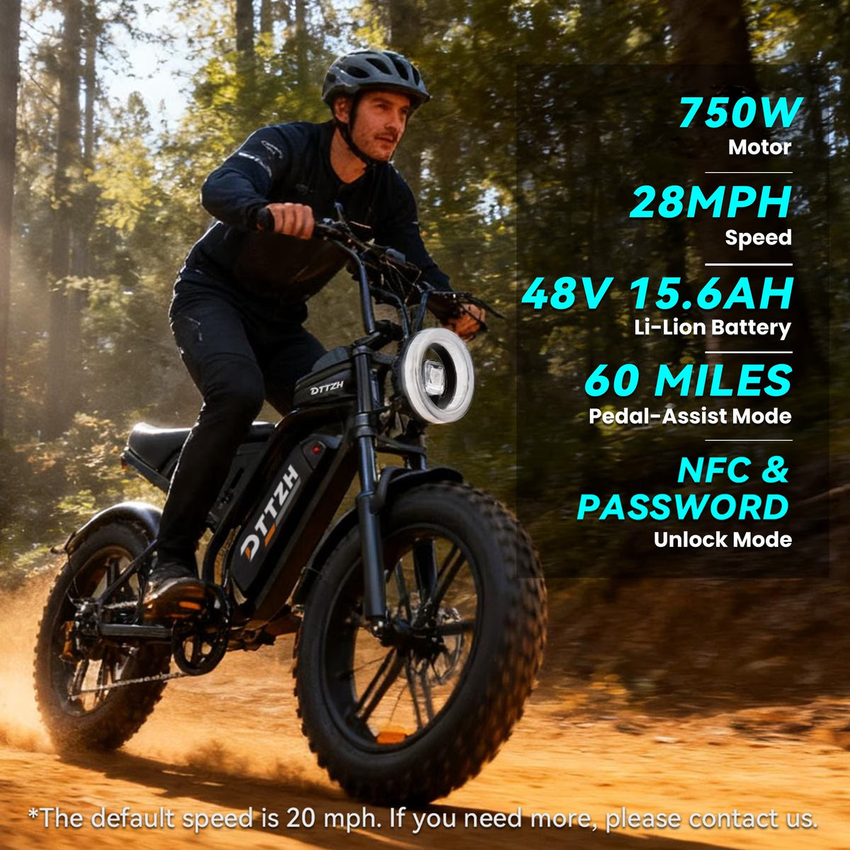 DTTZH F6 Electric Bike for Adults, 750W Motor, 60 Miles, 28 mph E Mountain Bike, 20" x 4" Fat Tire Off-Road Ebike, 48V 15.6Ah UL2849 Certified
