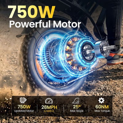 TakeMov Electric Bike for Adults, 750W Motor, 28MPH Class 3, 60 Miles, 20"x4" Fat Tire Ebike, 48V/15Ah, 7-Speed, E Mountain Bike, UL2849