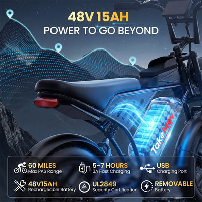 TakeMov Electric Bike for Adults, 750W Motor, 28MPH Class 3, 60 Miles, 20"x4" Fat Tire Ebike, 48V/15Ah, 7-Speed, E Mountain Bike, UL2849
