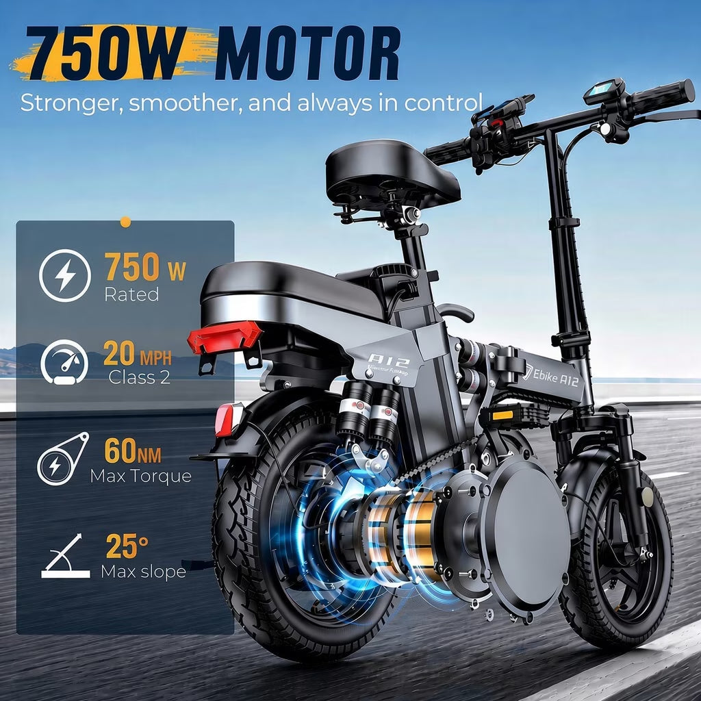 DTTZH 750W Foldable Electric Bike for Adults, 48V 15Ah, 20MPH Class 2 Electric Mini Bike, 60 Miles, 14" Folding Ebike, UL 2849 Certified