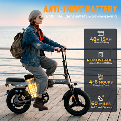 DTTZH 750W Foldable Electric Bike for Adults, 48V 15Ah, 20MPH Class 2 Electric Mini Bike, 60 Miles, 14" Folding Ebike, UL 2849 Certified