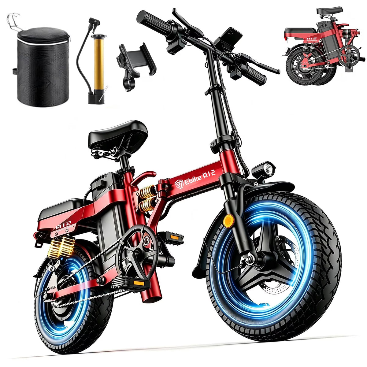 DTTZH Folding Electric Bike for Adults, 750W Rated Motor, 52V 25Ah Removable Battery, 28MPH, 80 Miles, 14" Tires, UL2849 Certified (Red)