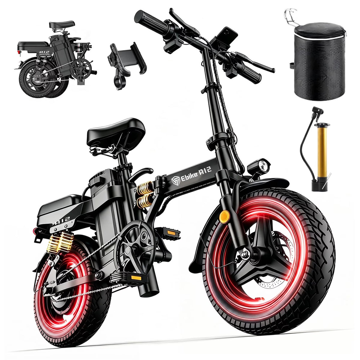 DTTZH Folding Electric Bike for Adults, 750W Rated Motor, 52V 25Ah Removable Battery, 28MPH, 80 Miles, 14" Tires, UL2849 Certified (Red)